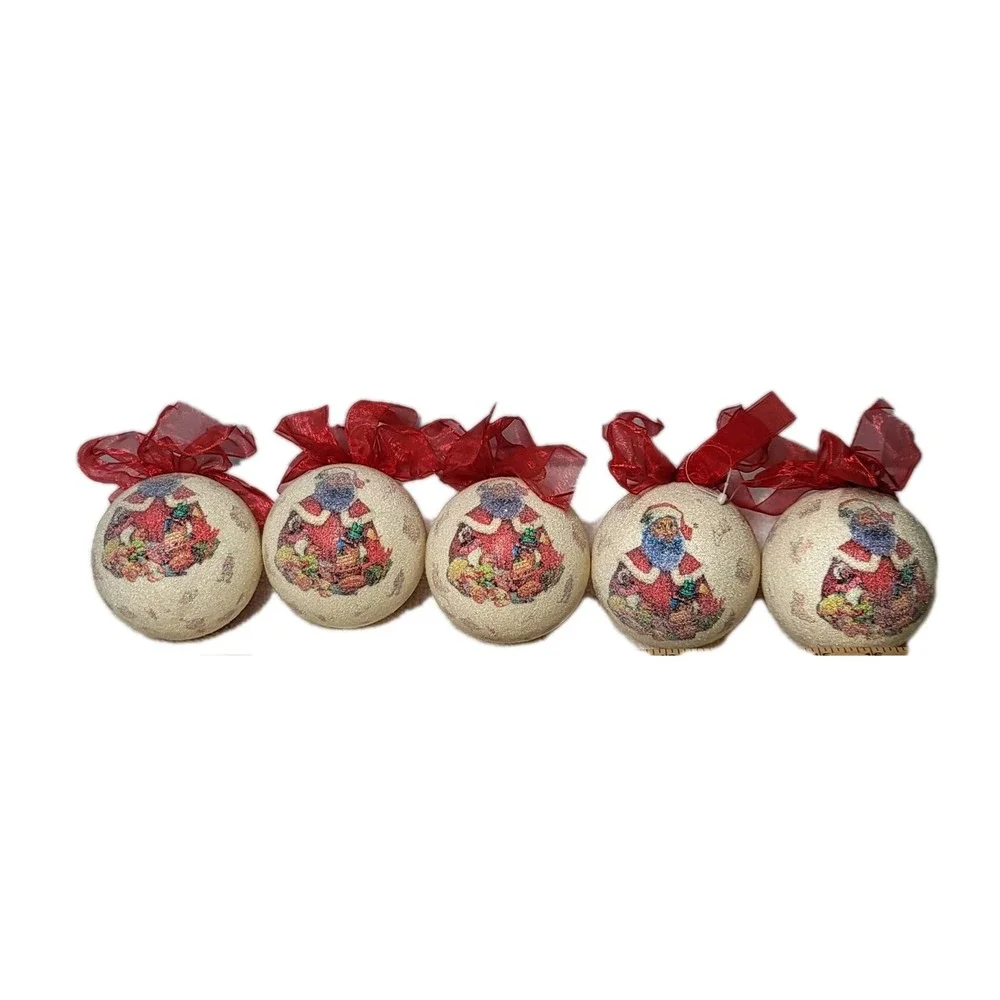 Sugared African American Santa Claus Festive Tree Bauble Set Of 5 W/Red Ribbon